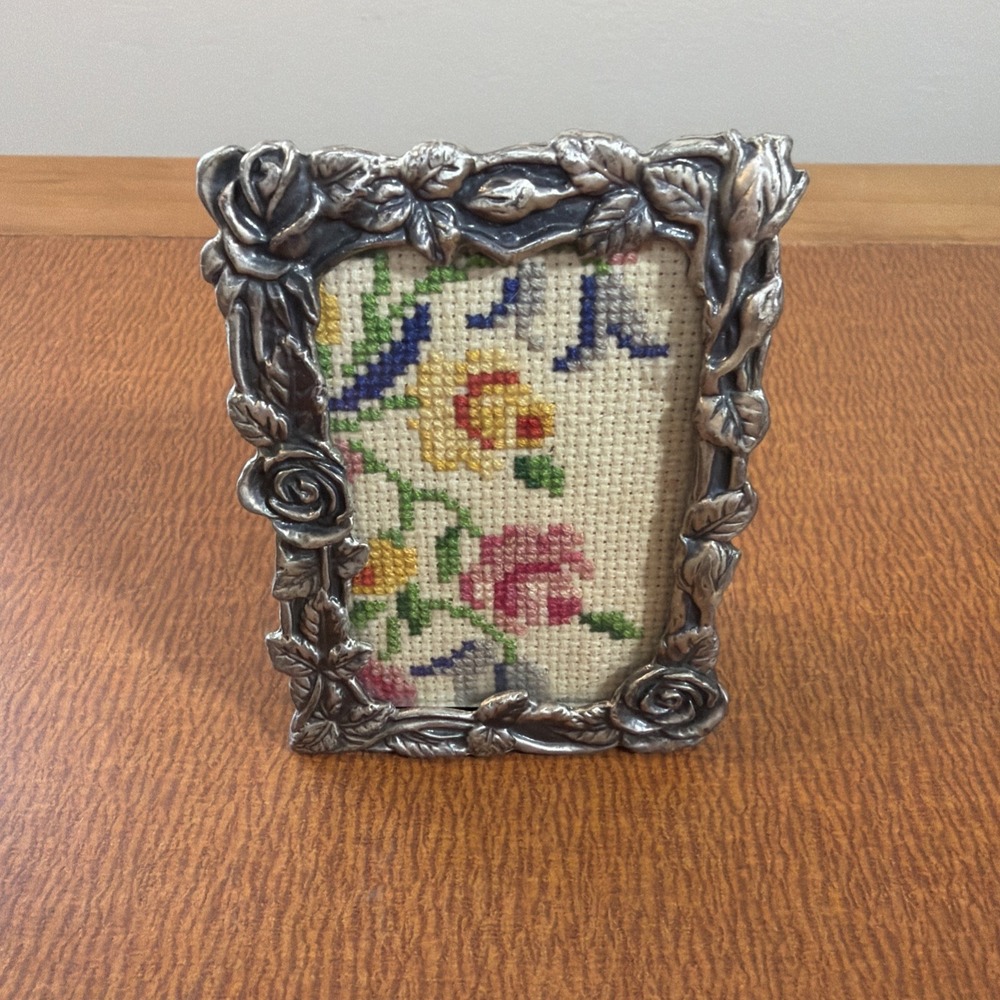 Handmade Cross Stitch Flowers In Ornamental Silver Toned Frame 2x3 Free Standing